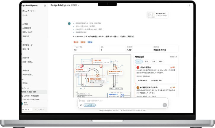 ZumenCraftの画面。図面の上に指摘の番号を示し、右側に寸法の不整合などの検図結果を一覧で表示している