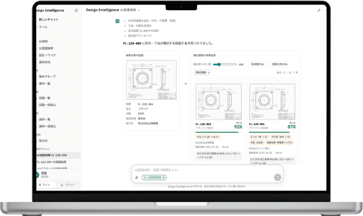 ZumenCraft for 図面検索の画面。検索対象の図面と、形状・寸法が類似する図面が類似度つきで並んでいる