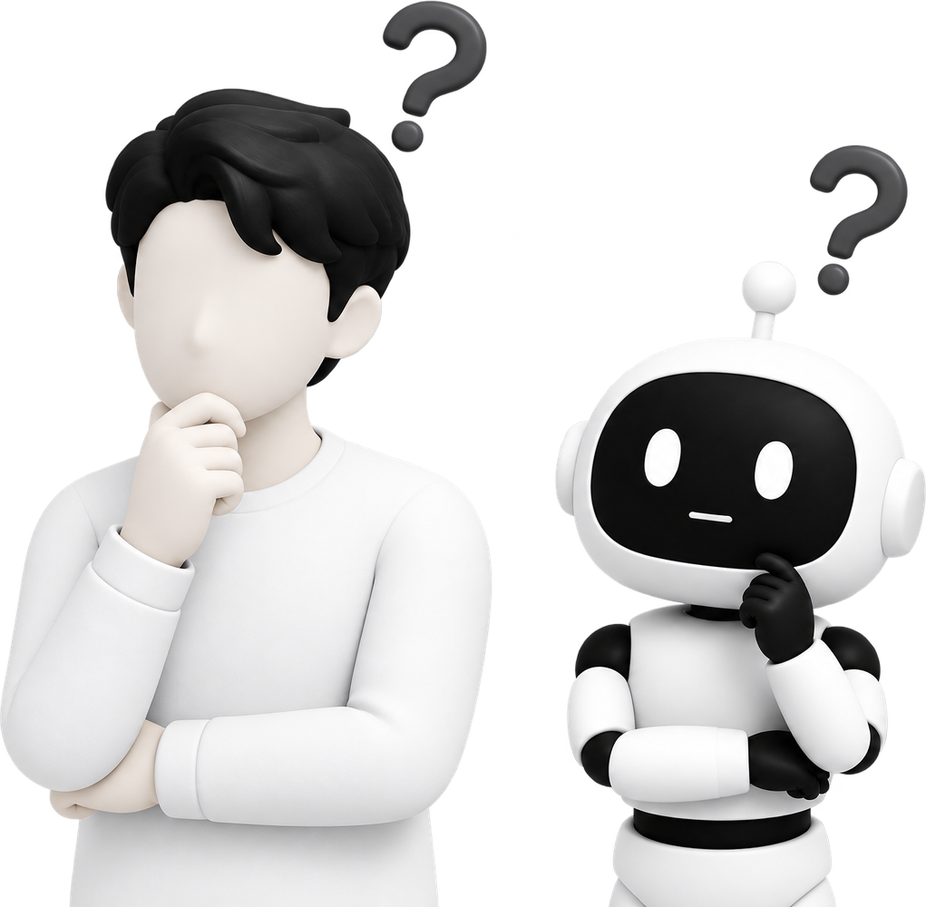 AI活用について悩む担当者とロボットのイラスト